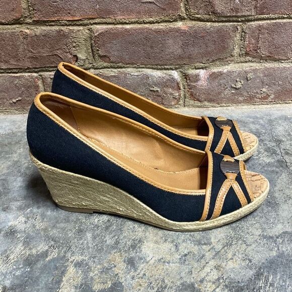 Sahara Ellison Black & Tan Espadrille Open Toe Wedge Size 9 - Picture 2 of 11